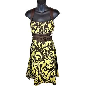 Dressbarn Fit & Flare Dress Strappy Green & Brown Scroll Print - Size 4 -‎ NWT